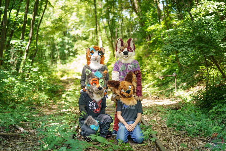 Drapii with three fursuiter friends posing together on forest railway tracks
